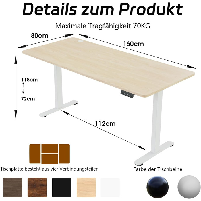 Регульований за висотою стіл Airfish з USB-портом, електричний, з органайзером для кабелів, комп'ютерний/офісний стіл, стоячий стіл з нагадуванням про сидячий режим, 160x80 см, Бежево-білий