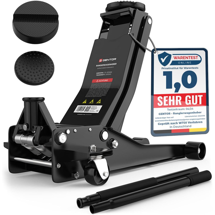 Гідравлічний домкрат 3T низькопрофільний 75-505мм з гумовими накладками для легкових авто та SUV – професійний, поворотний на 360° (Чорний)