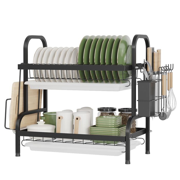 Сушарка для посуду NETEL 2-ярусна, чорна: з піддоном, тримачем для столових приборів, підставкою для ножів та склянок