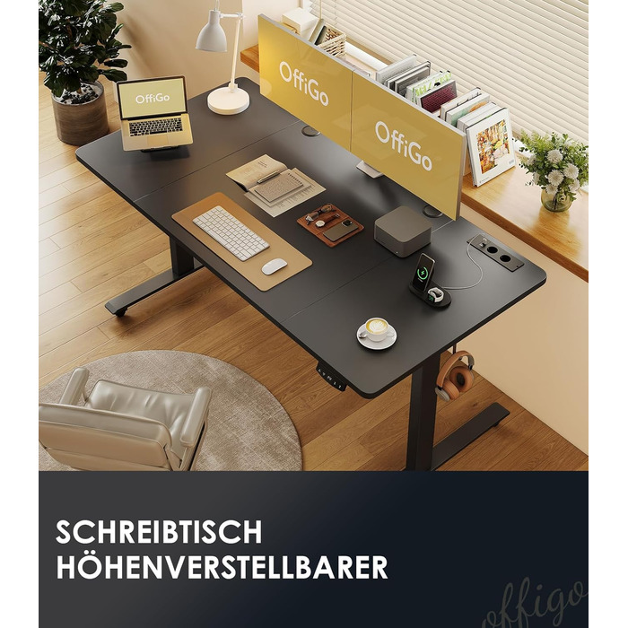 Електричний стіл OffiGo, 160x70 см: регулювання висоти, 2 пам'яті, з розетками та USB, для офісу та дому, чорний