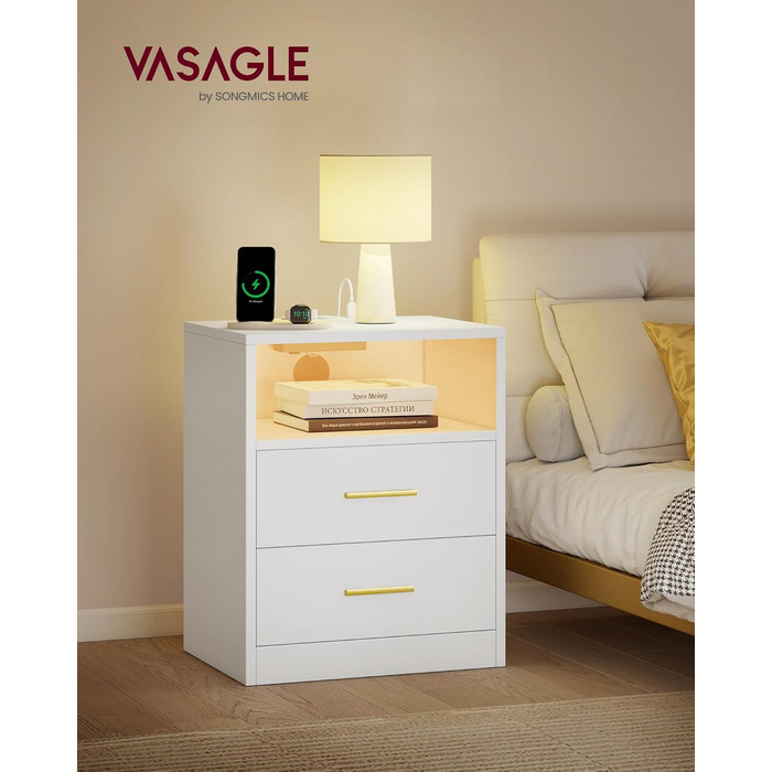 VASAGLE Custos: Набір з 2 тумбочок з LED-підсвіткою та зарядкою, білий, з шухлядами та USB-портами