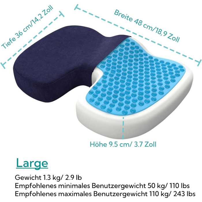 Ортопедична подушка для сидіння Bonmedico з Memory Foam та гелевим наповнювачем - для автомобіля, офісного крісла, інвалідного візка. Велюр, великий розмір.