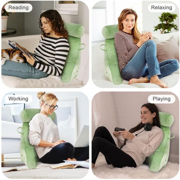 Крісло-подушка для читання Mingfuxin для ліжка, дивану, підлоги. З підголовником та підтримкою спини. Зелене