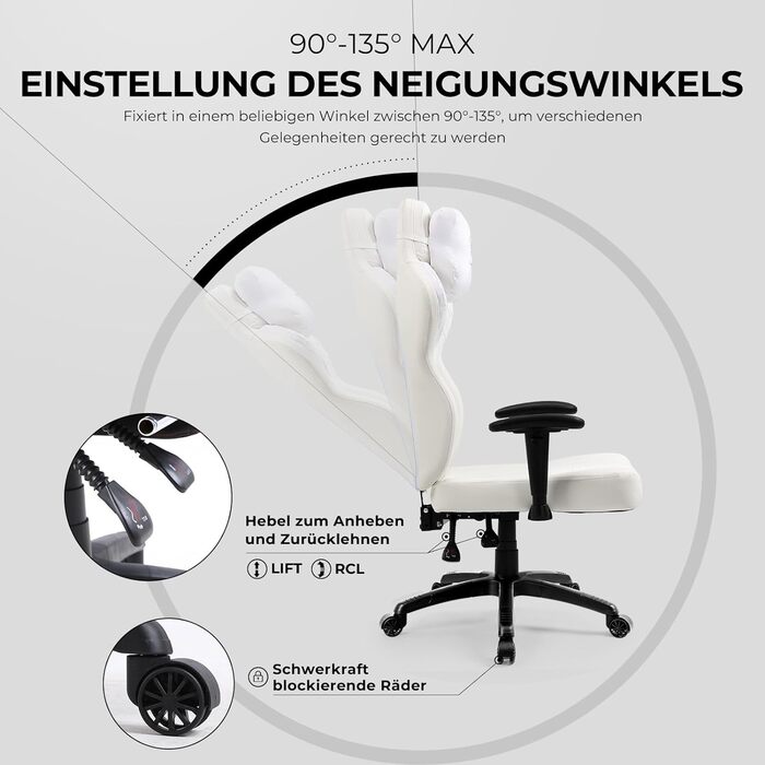 Ігрове крісло Dowinx для важких людей, ергономічне, з можливістю нахилу, високою спинкою (біле)