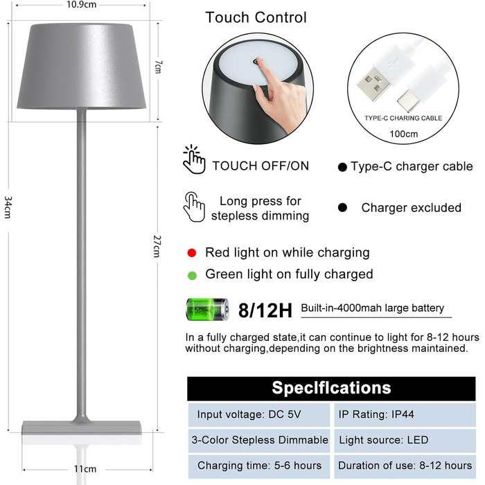 LED-лампа MU LIN Lampada-841: торшери з сенсорним керуванням, USB-C, для дому та офісу, IP54, сріблястий, 1 шт.