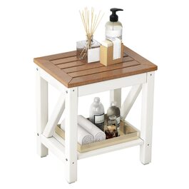 Двоярусна душова лавка GOPLUS з місцем для зберігання, душовий стілець для ванної кімнати, білий та коричневий (43 x 32 x 47 см)