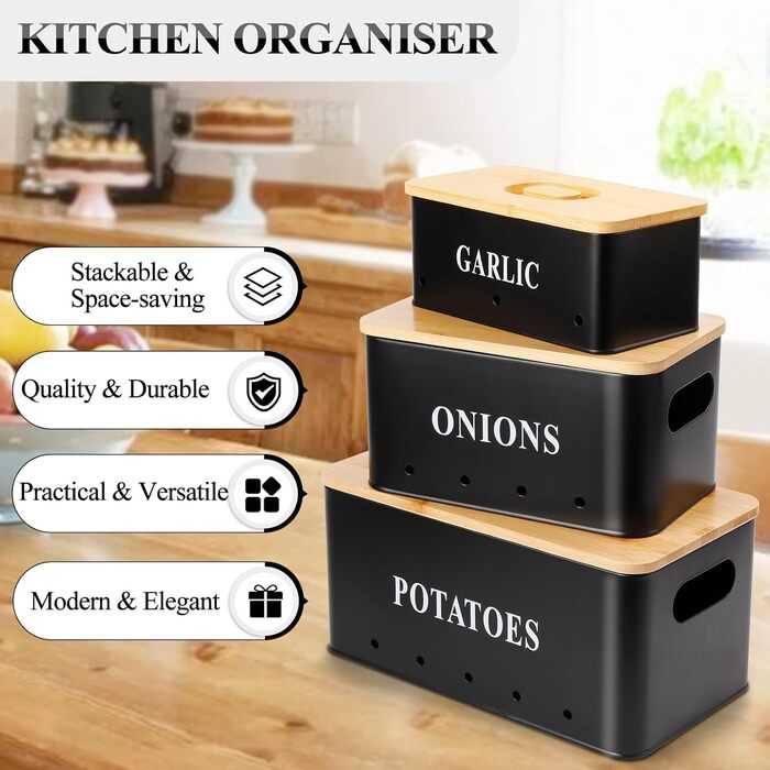 Набір контейнерів для зберігання картоплі, цибулі та часнику [3 шт] з бамбуковим кришками | З вентиляцією та захистом від світла | Чорний