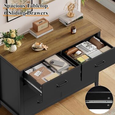 Комод HOCSOK з 6 висувними ящиками, чорний комод з дерев'яною полицею, шафа для зберігання в вітальню, спальню, кімнату для підлітків та коридор, 100x40x81 см