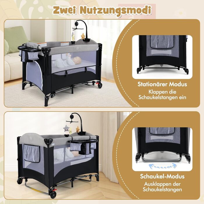 Дитяче ліжко-манеж DREAMADE 5 в 1 з матрацом, колесами та пеленальним столиком, з музичною іграшкою, 110x76 см, для новонароджених, з сумкою (зелений/сірий)