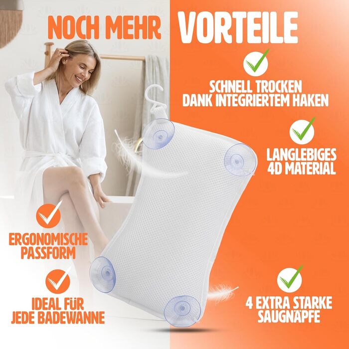 Підголовник для ванни – якісна підтримка шиї та спини – з 4 міцними присосками та інтегрованим гачком (білий)