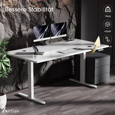 Електричний стіл Airfish з регулюванням висоти (140x70 см) з бездроговою зарядкою, комп'ютерний стіл, пам'ять на 3 функції, нагадування про відпочинок, білий. Також доступний розмір 180x80 см.