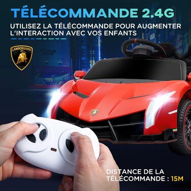 Дитячий електромобіль Lamborghini Veneno HOMCOM 12V з пультом, музикою, червоний, ліцензійний, знімна батарея, для дітей 3-6 років, фірмові двері-крила