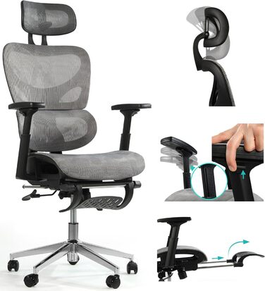 Офісне крісло Sesto Senso K80G Grey - ергономічне, з підніжкою, регульованою спинкою та підлокітниками