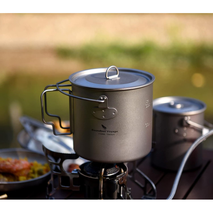 iBasingo Titanovyj Top Camping, Чашка для приготування їжі 750/900/1100/1250 мл, Легкий посуд з кришкою та складною ручкою, для пікніків, туризму, виживання