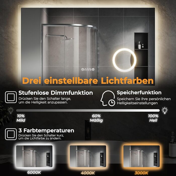 Дзеркало для ванної кімнати зі підсвічуванням SVNR, 70 x 50 см, LED, з 4 мм дзеркалом без вмісту міді, подвійне сенсорне керування, антизапарник, регулювання кольору світла (3000K-6400K), Smart-дзеркало з лупою 5x та розеткою для гоління