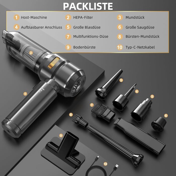 Ручний бездротовий пилосос 25000 Па з HEPA-фільтром, потужний акумуляторний пилосос для автомобіля та дому, чорний