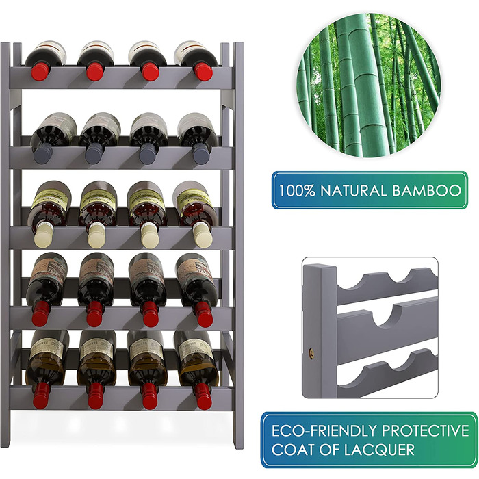 Стильна полиця для вина на 20 пляшок SMIBUY з бамбука - 5 ярусна, сіра