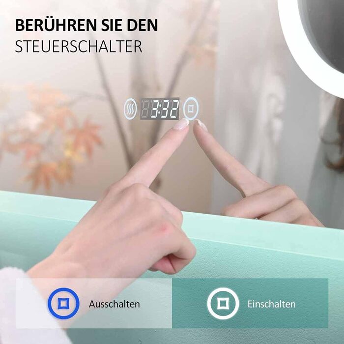 LED дзеркало для ванної кімнати EMKE 90x70 см з підсвічуванням, годинником та захистом від запотівання, IP44