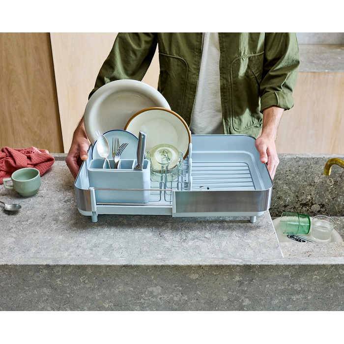 Сушарка для посуду Joseph Joseph Extend з нержавіючої сталі, висувна, компактна, з підставкою для столових приборів та поворотним зливом (Plus, Light Stone)