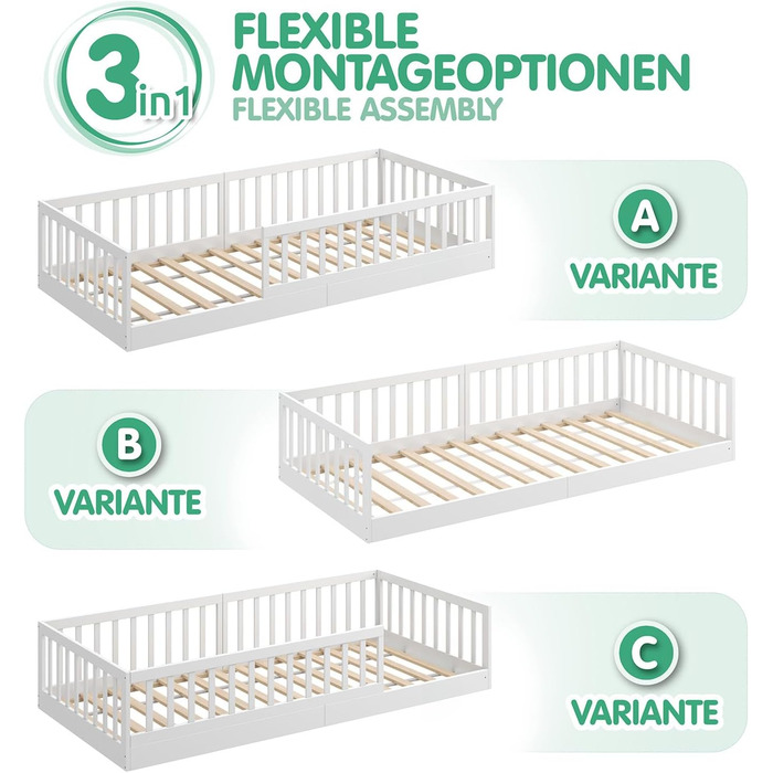 Ліжко-підлога CADANI Timi 2в1 Монтессорі 120x200 см для дітей з бортиками, ламелями, з масиву сосни, біле. 3 варіанти збірки, до 200 кг, розбірне.
