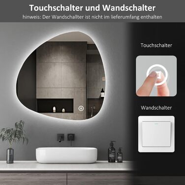 Асиметричне дзеркало для ванної кімнати Boromal з підсвічуванням 80x80 см LED, сенсорне керування, 3 кольори світла, регулювання яскравості