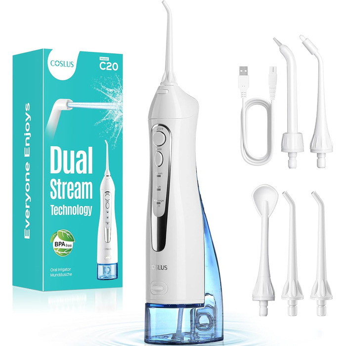 Бездротовий портативний душ COSLUS: 300 мл, IPX7, 5 насадок, для інтенсивного очищення та догляду за порожниною рота, ідеальний для подорожей