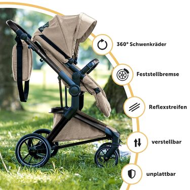 Дитяча коляска Bergsteiger Lugo 3в1 | Комплект 3в1 з аксесуарами - автокрісло, блок для прогулянок, сонцезахисний козирок та вітрозахисний чохол | Доступна Isofix база (колір: коричневий, рама: чорна)