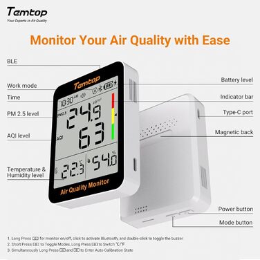 Вимірювач якості повітря Temtop S1+: PM2.5, AQI, температура, вологість, 100 днів роботи, підключення до APP, для дому та офісу