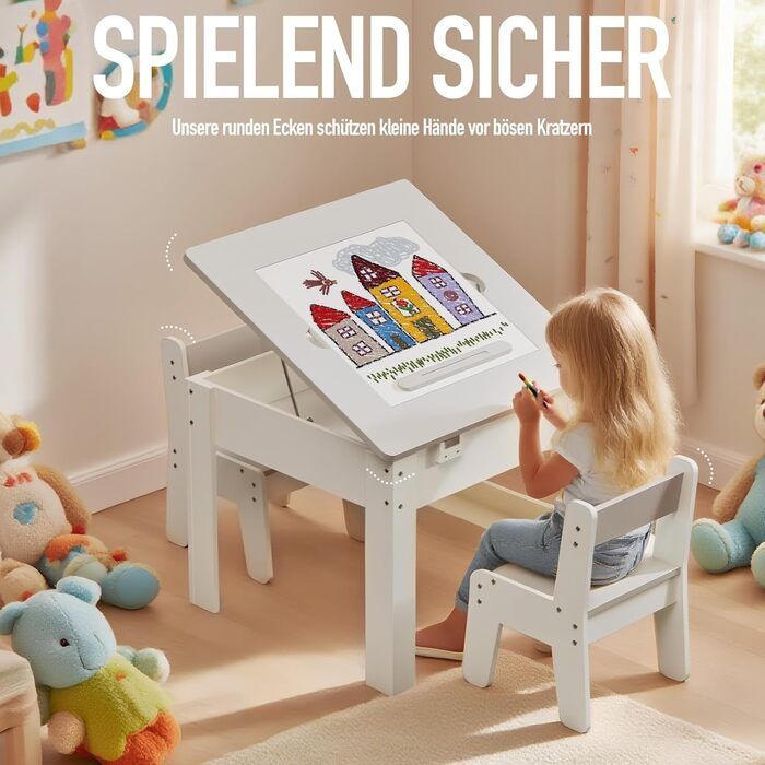 Дитячий столик з двома стільцями Kinderkraft, багатофункціональний: ігри, малювання, читання, 4 змінних панелей, регульований та безпечний, з місцем для зберігання, до 60 кг, від 3 років