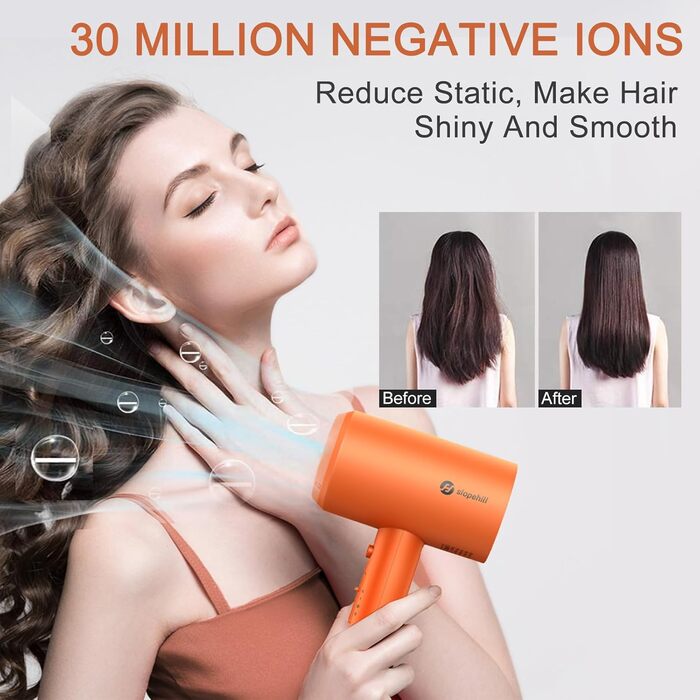 Іонний фен для волосся Slopehill 1800W для швидкого сушіння, професійний салонний фен з 3 насадками (концентратори та дифузор), 3 режимами температури та 2 швидкостями, помаранчевий