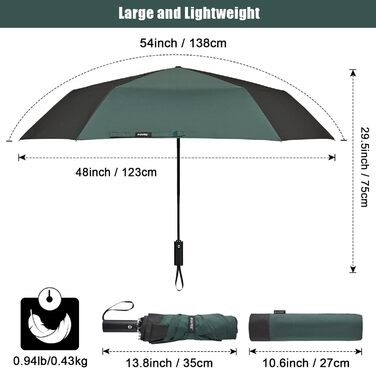 Дюймова велика складна парасолька та парасолька для гольфу, автоматична, вітрозахисна, компактна, чорна/темно-зелена, 4Free 54-