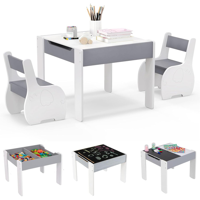 Детский стол со стульями COSTWAY 3 в 1, деревянная мебель для детей 3+, светло-серый, со съемной столешницей и местом для хранения