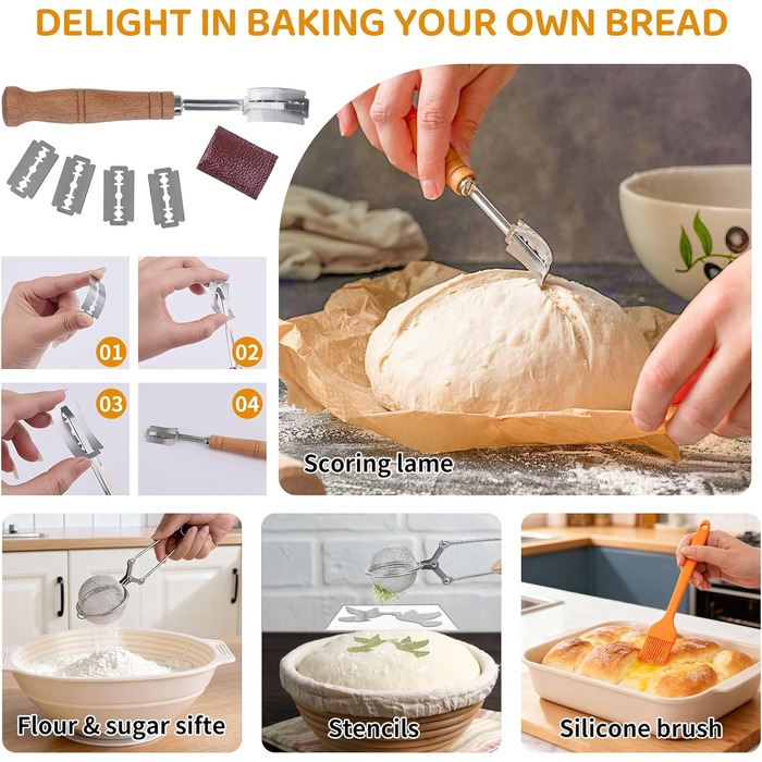 Набір для закваски хліба: 22см круглий та 23см овальний кошик для підйому тіста, скляна тара для закваски, аксесуари для випічки для початківців та хобі-пекарів, великий подарунковий набір для випічки
