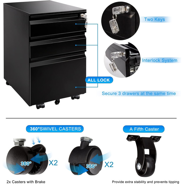 Роликовий контейнер DeHong з металу, мобільний офісний шафка з 3 висувними ящиками, офісний контейнер, з можливістю замка та регульованими паперовими відсіками, збірно-розбірний, для офісу, дому (J-чорний)