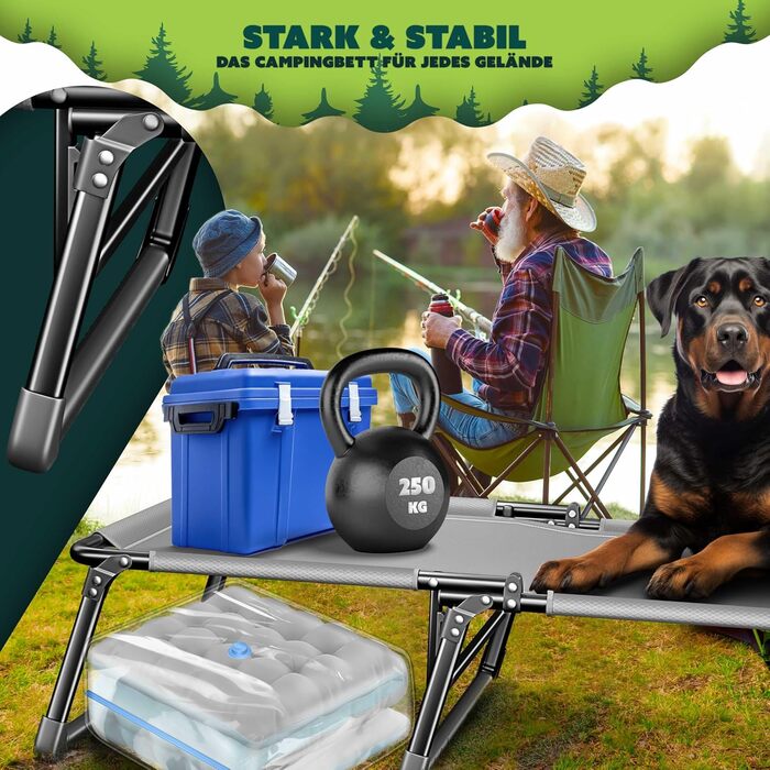 Розкладне кемпінгове ліжко KESSER з преміум-матрацом та подушкою, 190 x 68 x 30 см, витримує до 250 кг, з кишенею та підстаканником, сіре/блакитне