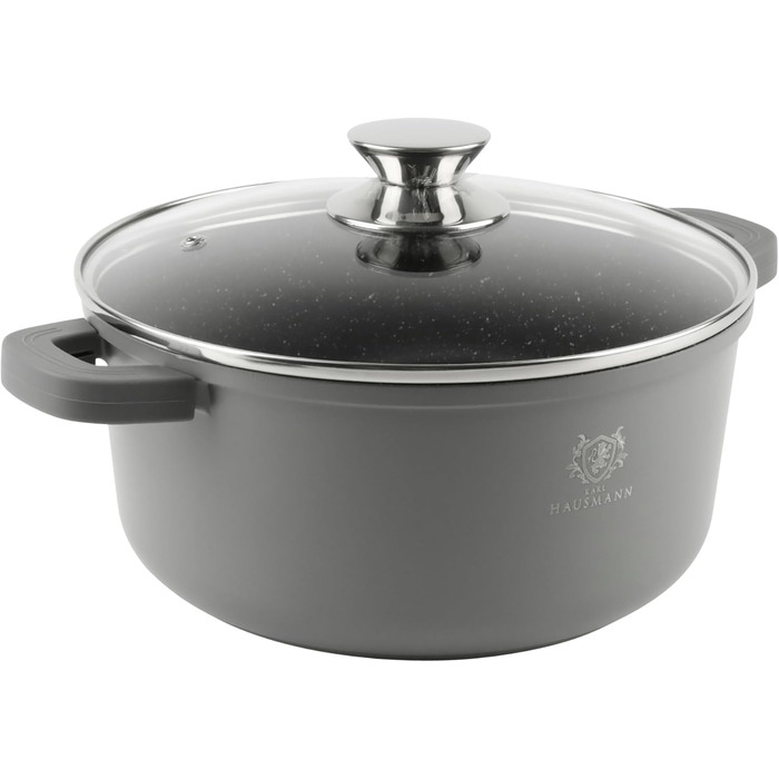 Каструля з антипригарним покриттям 10 літрів, діаметр 28 см, з кришкою, з алюмінієвого лиття, для всіх типів плит (в т.ч. індукційних), сіра. Ідеально для супу, тушкування та приготування великих порцій.