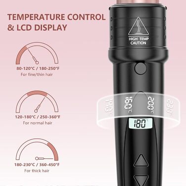 Локшик для волосся NWOUIIAY 6 в 1 з LCD-дисплеєм, керамічне покриття, мультифункціональний, змінне насадки, для великих та маленьких локонів, рукавички, регулювання температури, рожевий