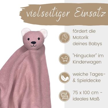 Оригінальна дитяча ковдра DIKOS CUDDLY Bear Dusty Pink 100 GOTS Органічна бавовняна ковдра для новонароджених з м'якою іграшкою В'язана ковдра Ковдра для обіймів Затишна ковдра Початкове обладнання Подарунки для дівчинки на народження