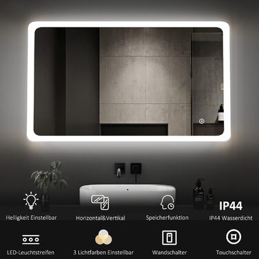 LED дзеркало для ванної кімнати Boromal 100x60 см з підсвічуванням, 3 колір світла, регулювання яскравості, сенсорне керування