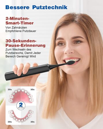 Електрична звукова зубна щітка, 45000 VPM, відбілювання за 1 тиждень, 120 днів роботи від акумулятора, індикатор заряду, 6 насадок DuPont, 5 режимів, таймер, чорна