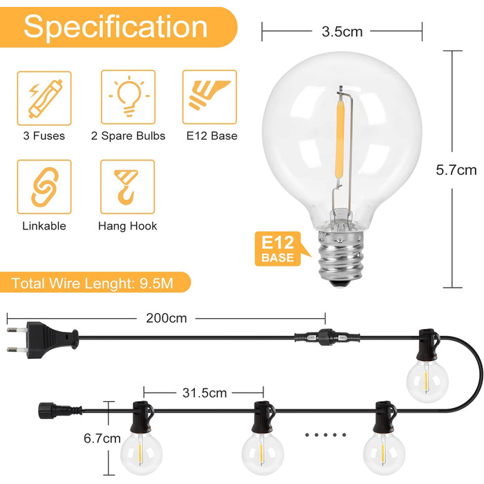 Підвісні гірлянди для зовнішнього освітлення 9,5 м 25 2 лампи G40 пластикові гірлянди для зовнішнього освітлення теплі білі гірлянди для внутрішнього освітлення Ru
