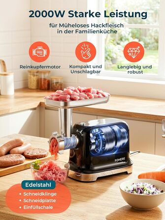 М'ясорубка електрична Fohere 2000 Вт з насадками для ковбас та кубів, 3 диски (3/5/7 мм), чорна