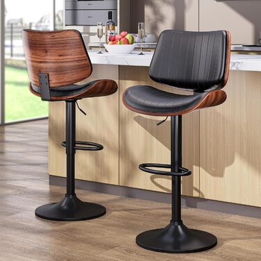 Набір з 2 барних стільців GIKPAL з дерев'яною спинкою та шкіряним сидінням, обертаються, чорний