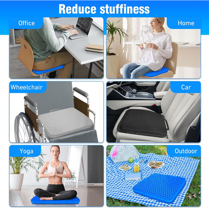 Ортопедична гелева подушка для сидіння з подвійним шаром та протиковзким чохлом, дихаюча подушка на стілець для офісу, авто, інвалідного візка (Темно-синя)