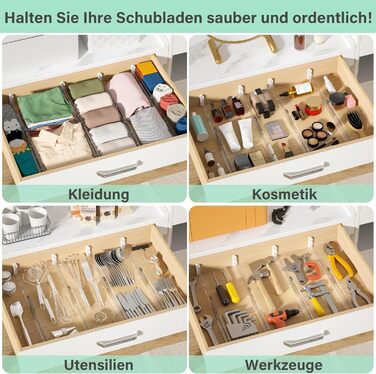 FUNIZE Регульовані роздільники для ящиків з вставками, 8 шт., роздільники 32-58 см + 16 шт. вставок 9-18 см, Органайзер для ящиків, Кухня, Спальня, Офіс, 6 см висота