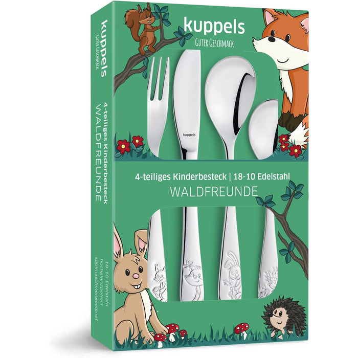 Набір дитячого посуду Kinderbesteck Set 4-teilig з персоналізацією - іменна гравіювання на ніж, виделку, ложку та чайну ложку. Ідеальний подарунок на народження, хрещення, день народження (тематика: лісові друзі)
