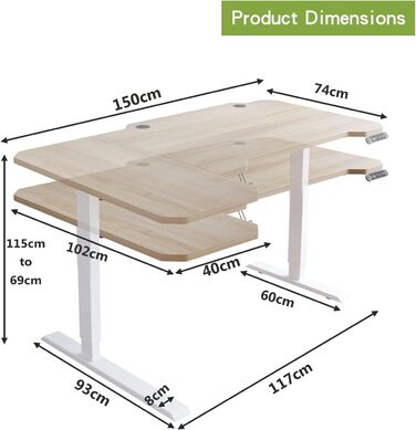 Електричний стіл Radlove з регулюванням висоти, стоячий стіл у формі L 150 см, стоячий стіл із 4 елементами керування пам'яттю зі стільницею 2-складний телескопічний стоячий стіл, з'єднувальна дошка 78 x 150 см Дуб