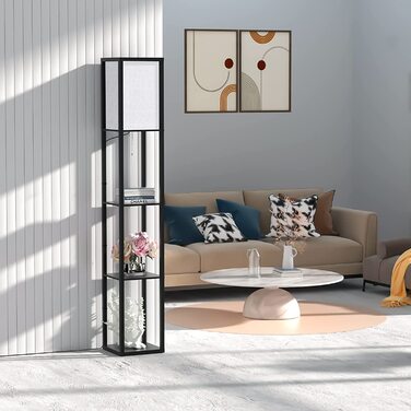 Торшер з дерев'яною поличкою Stehlampe, чорний, 3 режими світла, 1.62м для вітальні, спальні, офісу