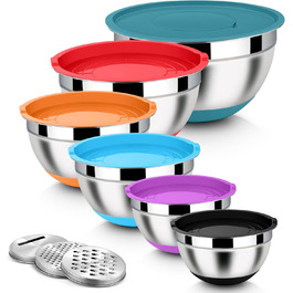 Набір місок Homikit з нержавіючої сталі, 6 шт. з тертками, кришками та силіконовим дном, 4.6/2.8/2.5/1.6/1.2/0.7 л, багатобарвний