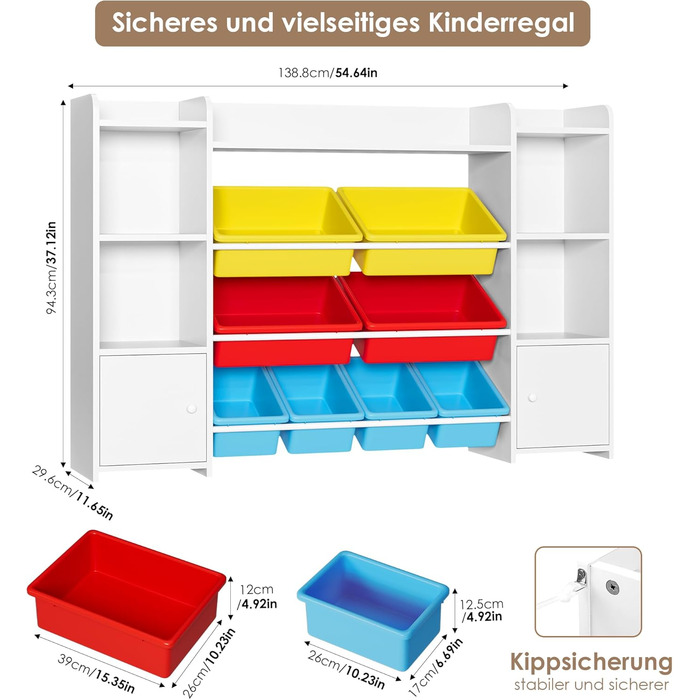 FOREHILL Регульована полиця для іграшок з 8 ящиками, дитячий шафчик, книжкова полиця для дітей, органайзер для іграшок, меблі для дитячої кімнати з іграшковою коробкою, 138,8 x 94,3 x 29,6 см, білий (білий з червоним)